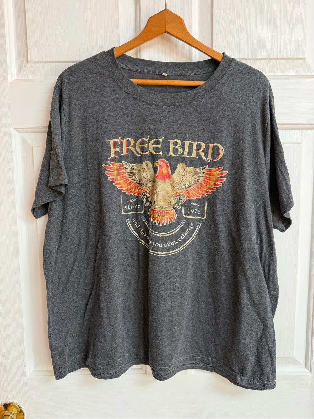 freebird Charcoal Tee with Red and Orange Bird Graphic